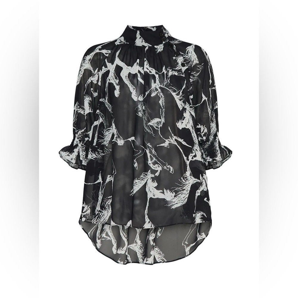 Adam Lippes-Printed Chiffon Mockneck Blouse Smocked Sleeves- Black Pony. Size 4